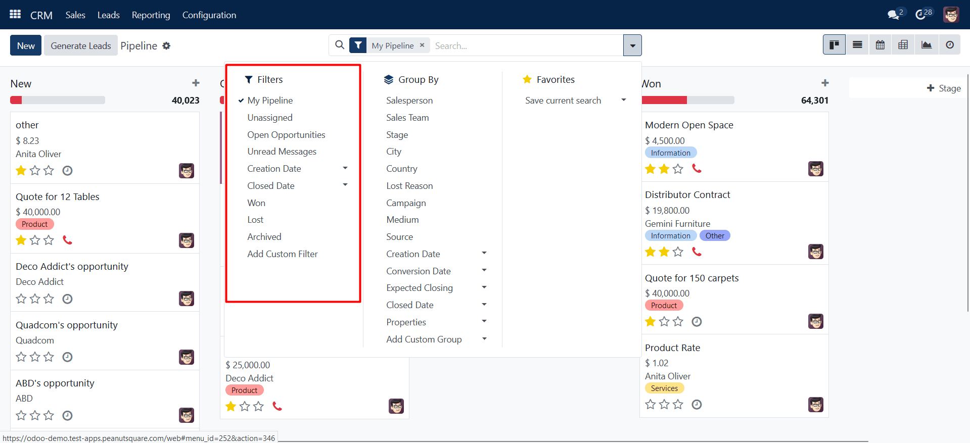 Pipeline Filters Dropdown Menu